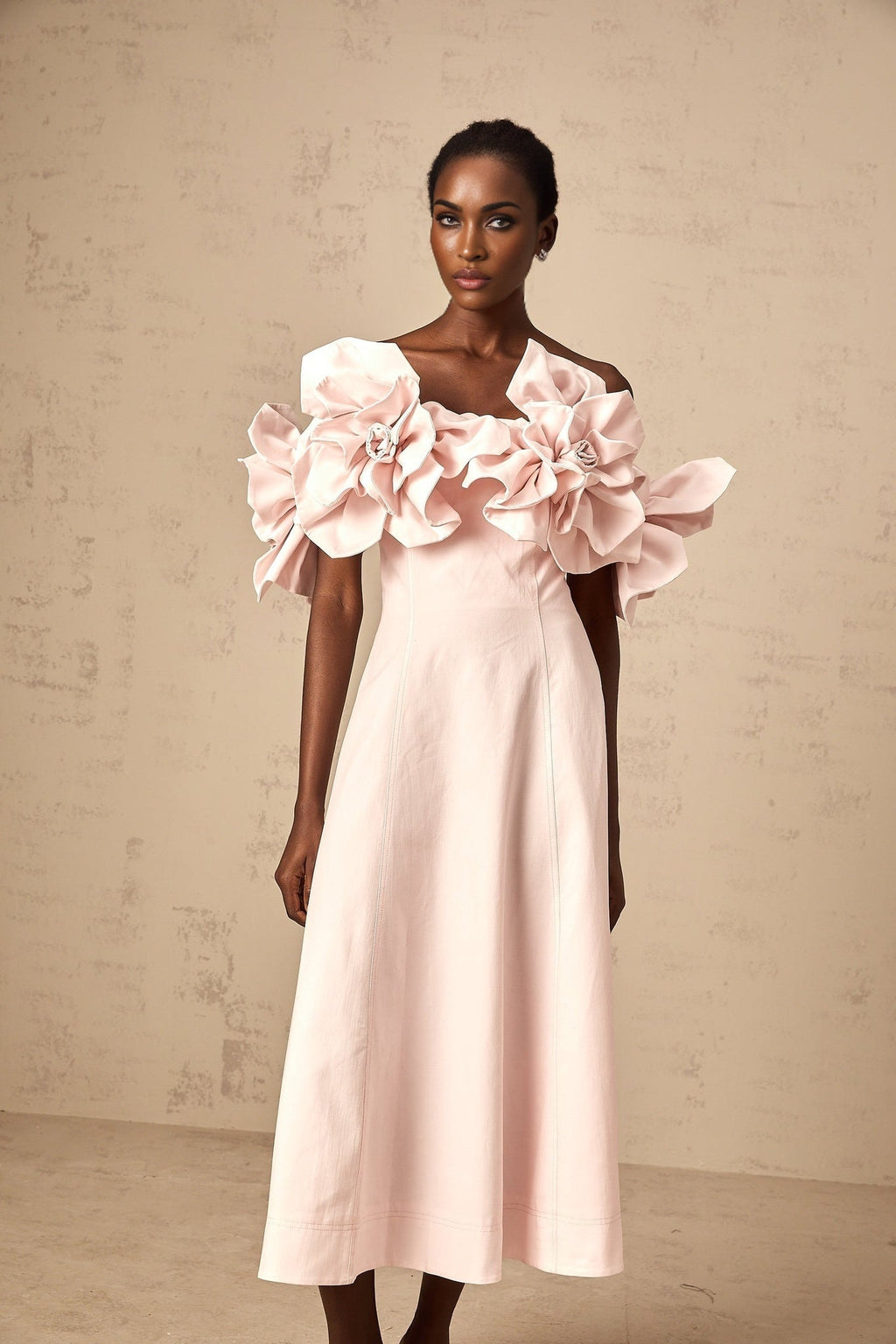 Fortuna Midi Dress - Off the Shoulder - Cinched Waist - 3D Petal Detailing - Flared Hem - Rear Zip Fastening