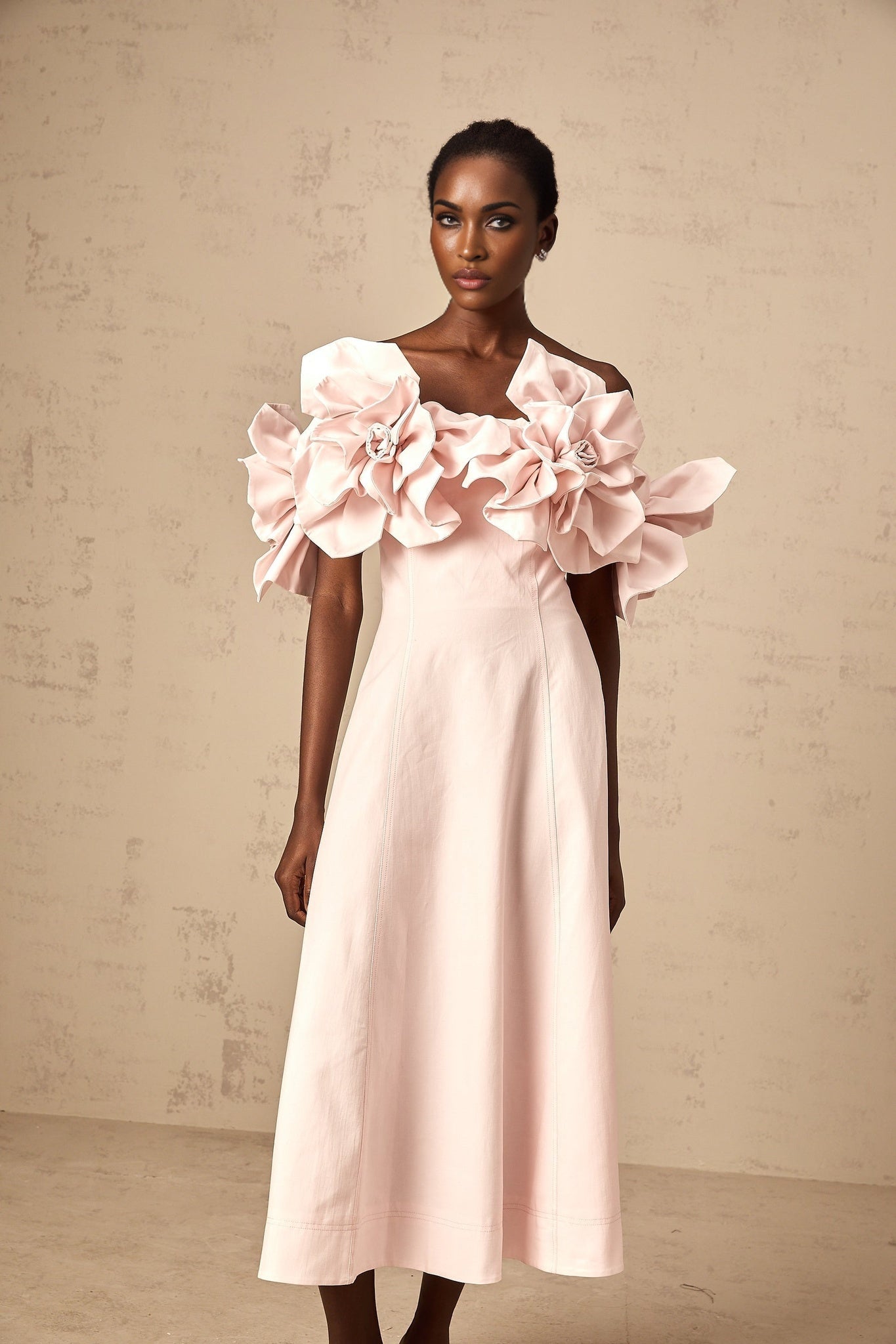 Fortuna Midi Dress - Off the Shoulder - Cinched Waist - 3D Petal Detailing - Flared Hem - Rear Zip Fastening
