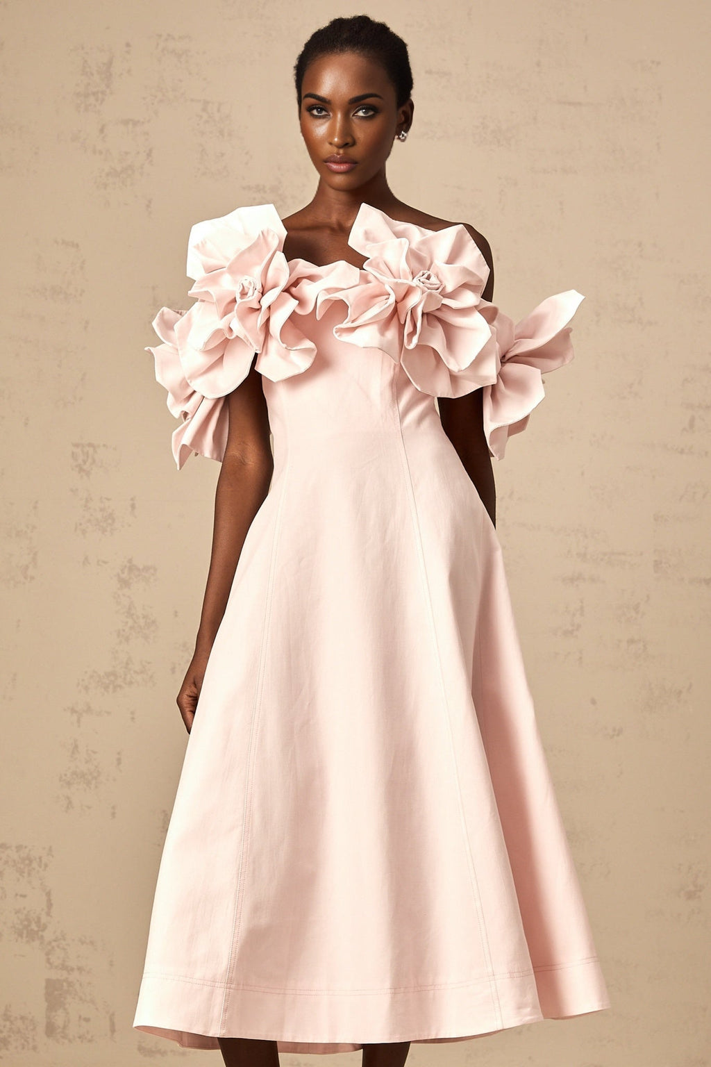 Fortuna Midi Dress - Off the Shoulder - Cinched Waist - 3D Petal Detailing - Flared Hem - Rear Zip Fastening