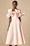 Fortuna Midi Dress - Off the Shoulder - Cinched Waist - 3D Petal Detailing - Flared Hem - Rear Zip Fastening