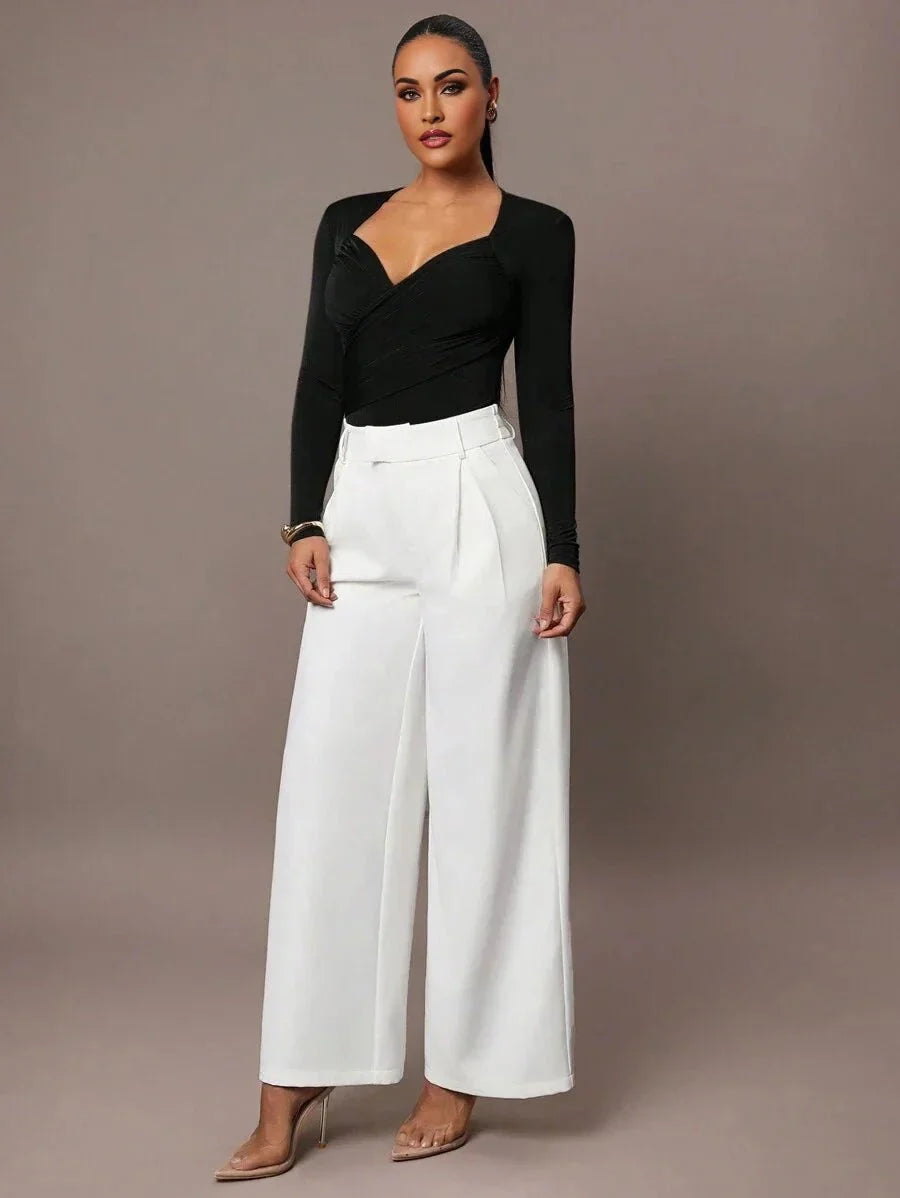 Fortunata Bodysuit - High Stretch Elasticity - Casual Style - Long Sleeve Length - Criss Cross, Ruched, Wrap - Slim Fit - Sweetheart Neckline
