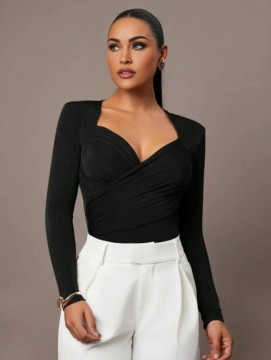 Fortunata Bodysuit - High Stretch Elasticity - Casual Style - Long Sleeve Length - Criss Cross, Ruched, Wrap - Slim Fit - Sweetheart Neckline