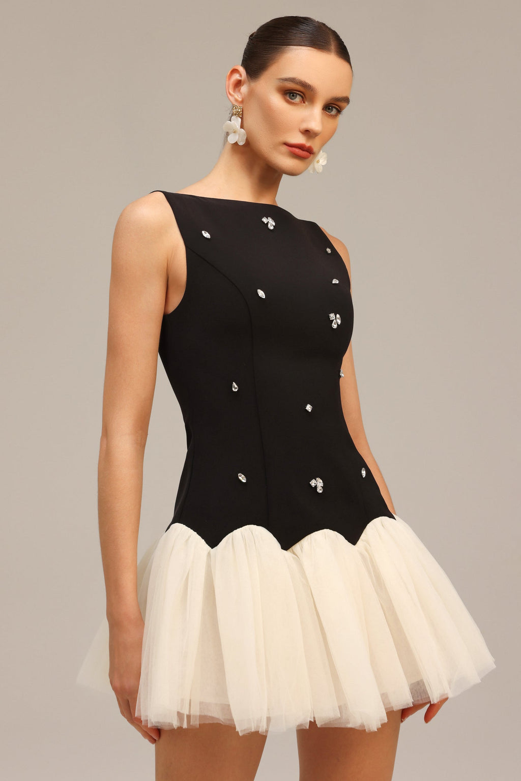 Franca Black Diamond Embellished Tulle Mini Dress