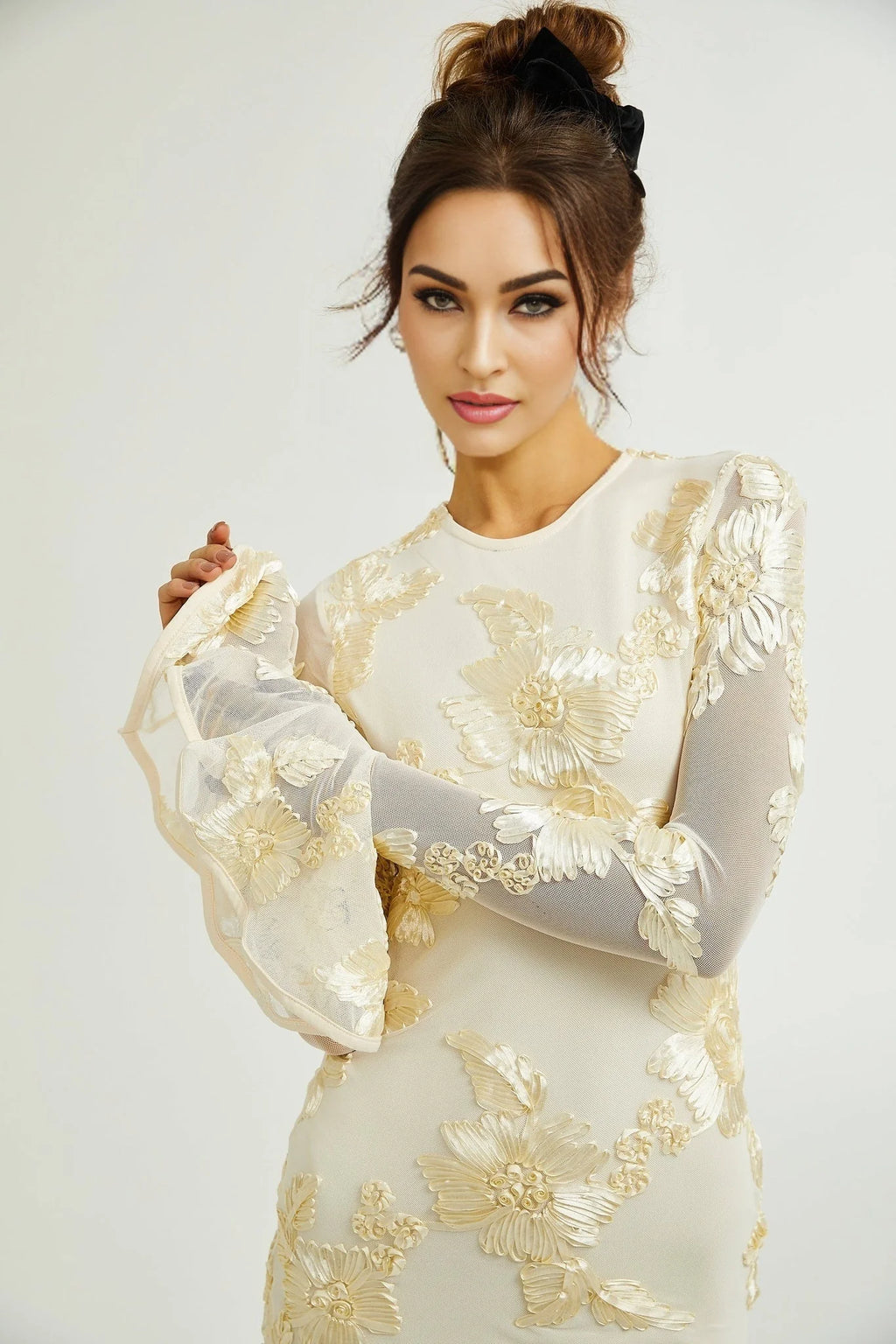 Franca Dress – Long Sleeves – Floral Embroidery – Mesh Detailing