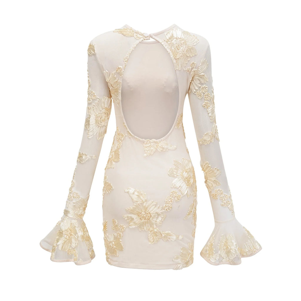 Franca Dress – Long Sleeves – Floral Embroidery – Mesh Detailing