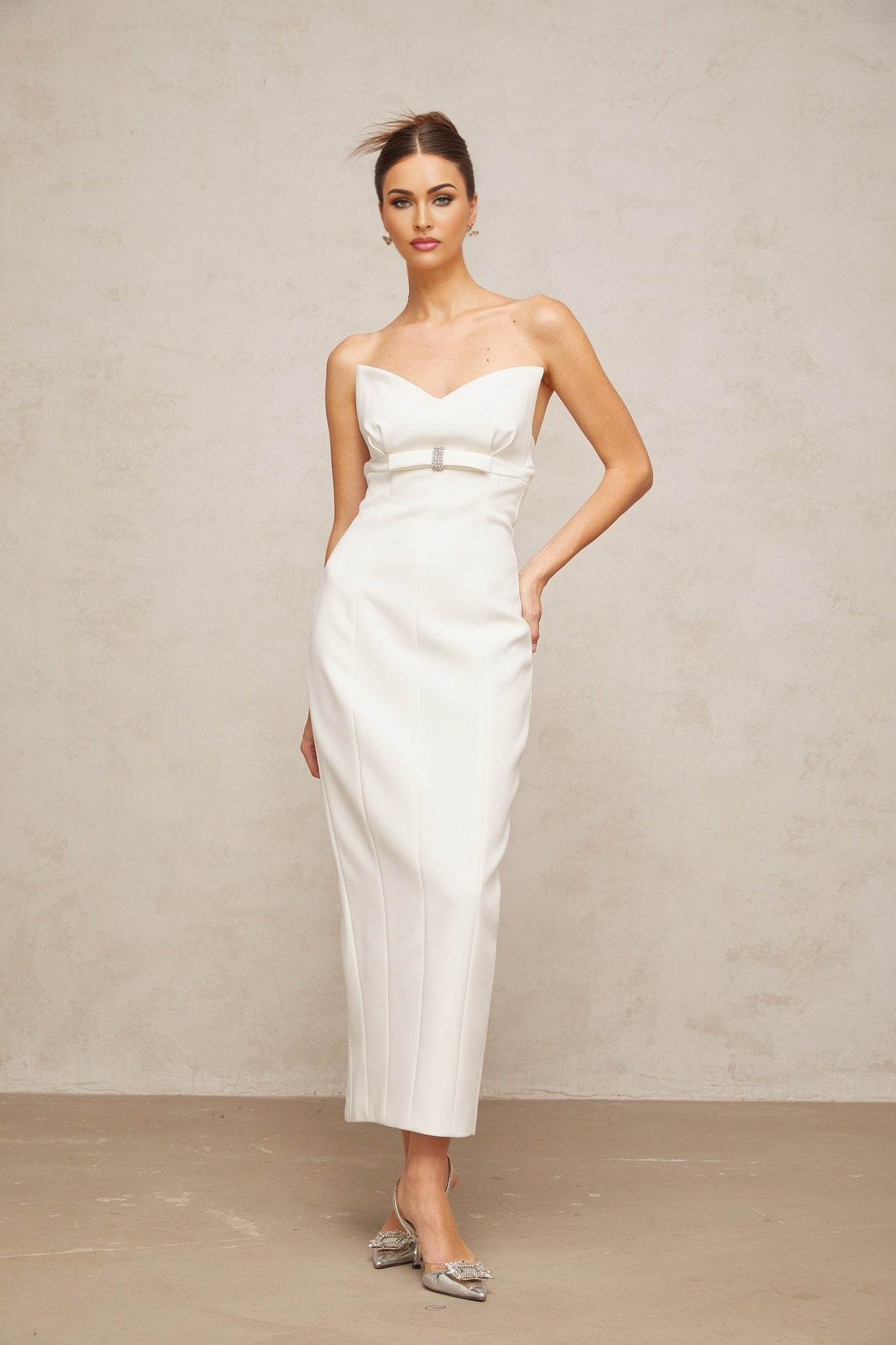 Franca Midi Dress - Corset Style - Strapless - Bow Detail - Crystal Embellishment - Rear Slit