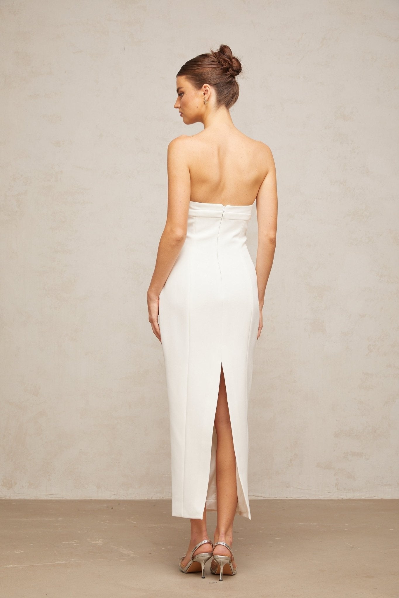 Franca Midi Dress - Corset Style - Strapless - Bow Detail - Crystal Embellishment - Rear Slit
