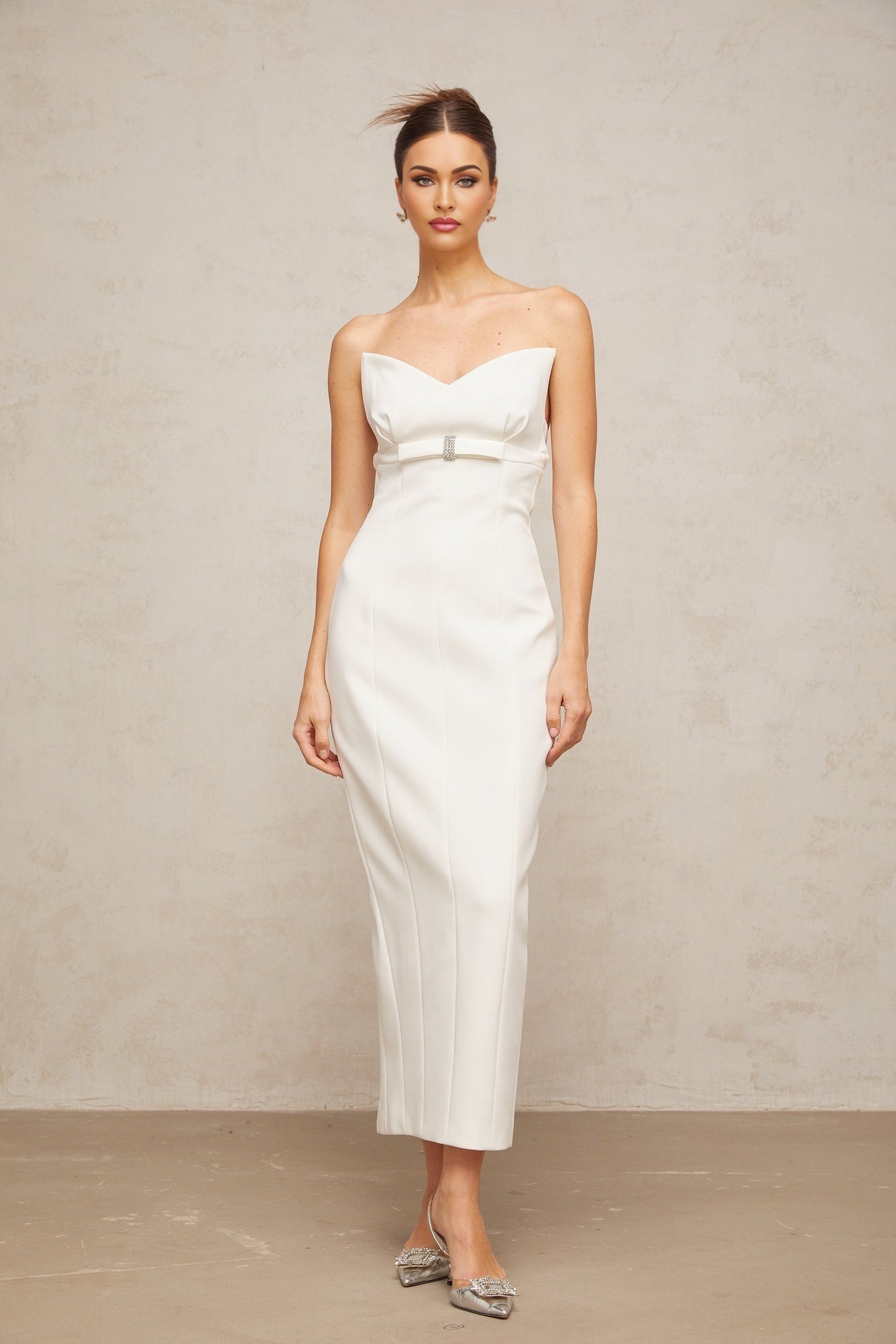 Franca Midi Dress - Corset Style - Strapless - Bow Detail - Crystal Embellishment - Rear Slit
