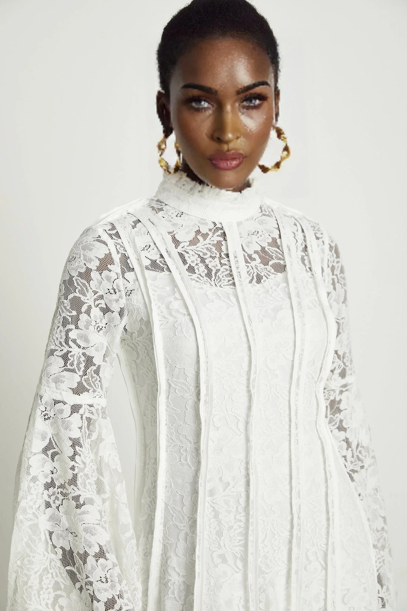 Franca Midi Dress - Flared Sleeves - Lace Trim - Cut - Out Design - A - Line Silhouette