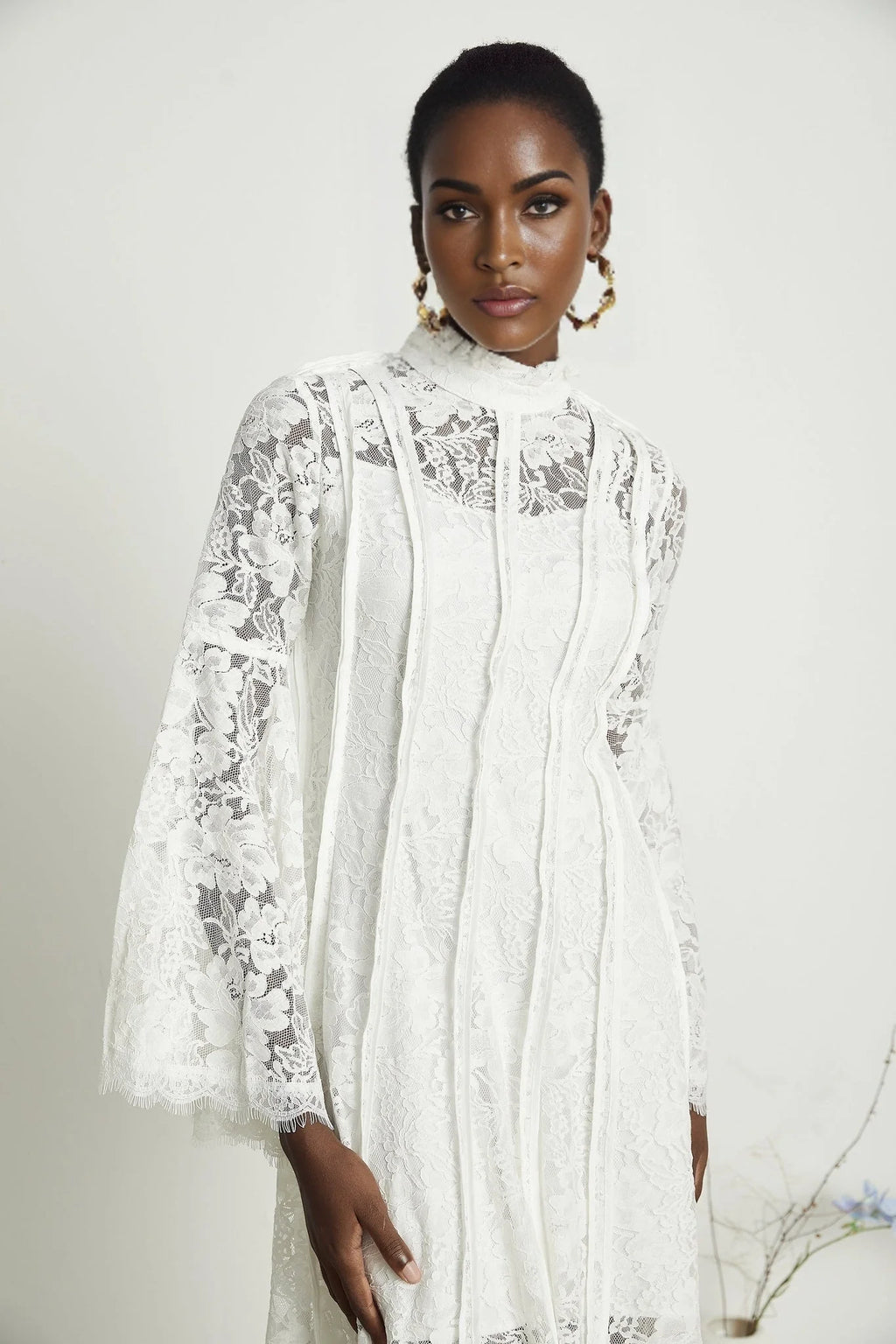 Franca Midi Dress - Flared Sleeves - Lace Trim - Cut - Out Design - A - Line Silhouette