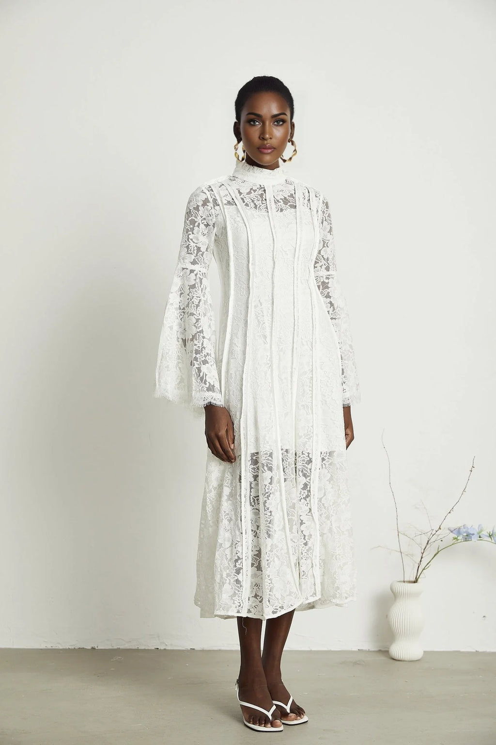 Franca Midi Dress - Flared Sleeves - Lace Trim - Cut - Out Design - A - Line Silhouette
