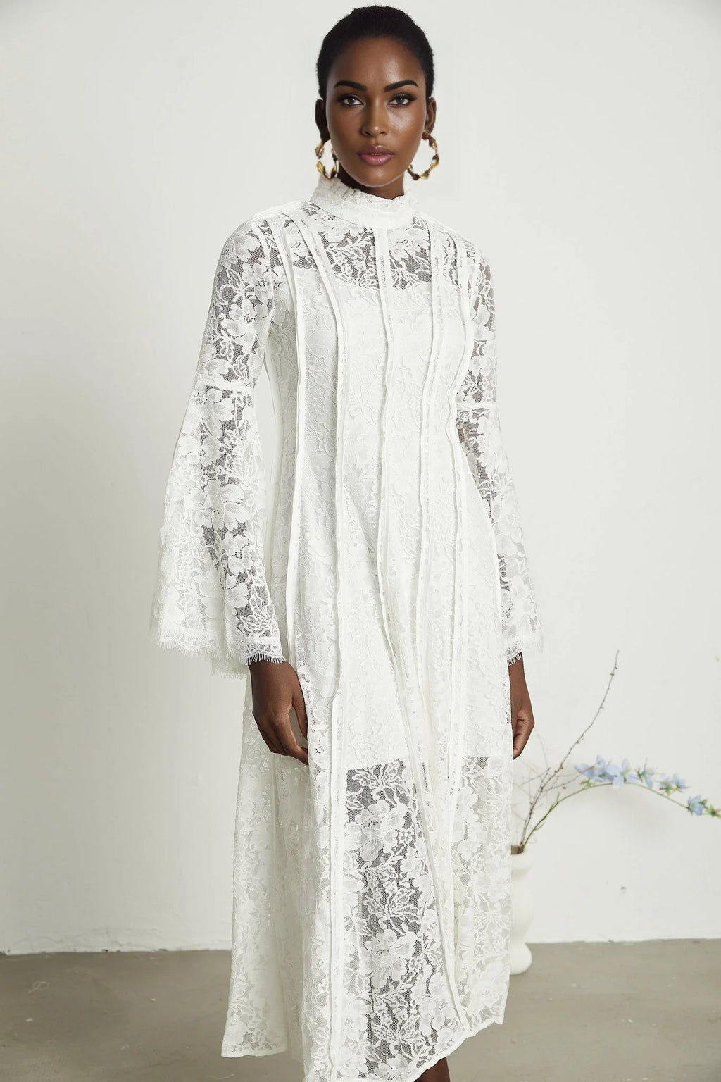 Franca Midi Dress - Flared Sleeves - Lace Trim - Cut - Out Design - A - Line Silhouette