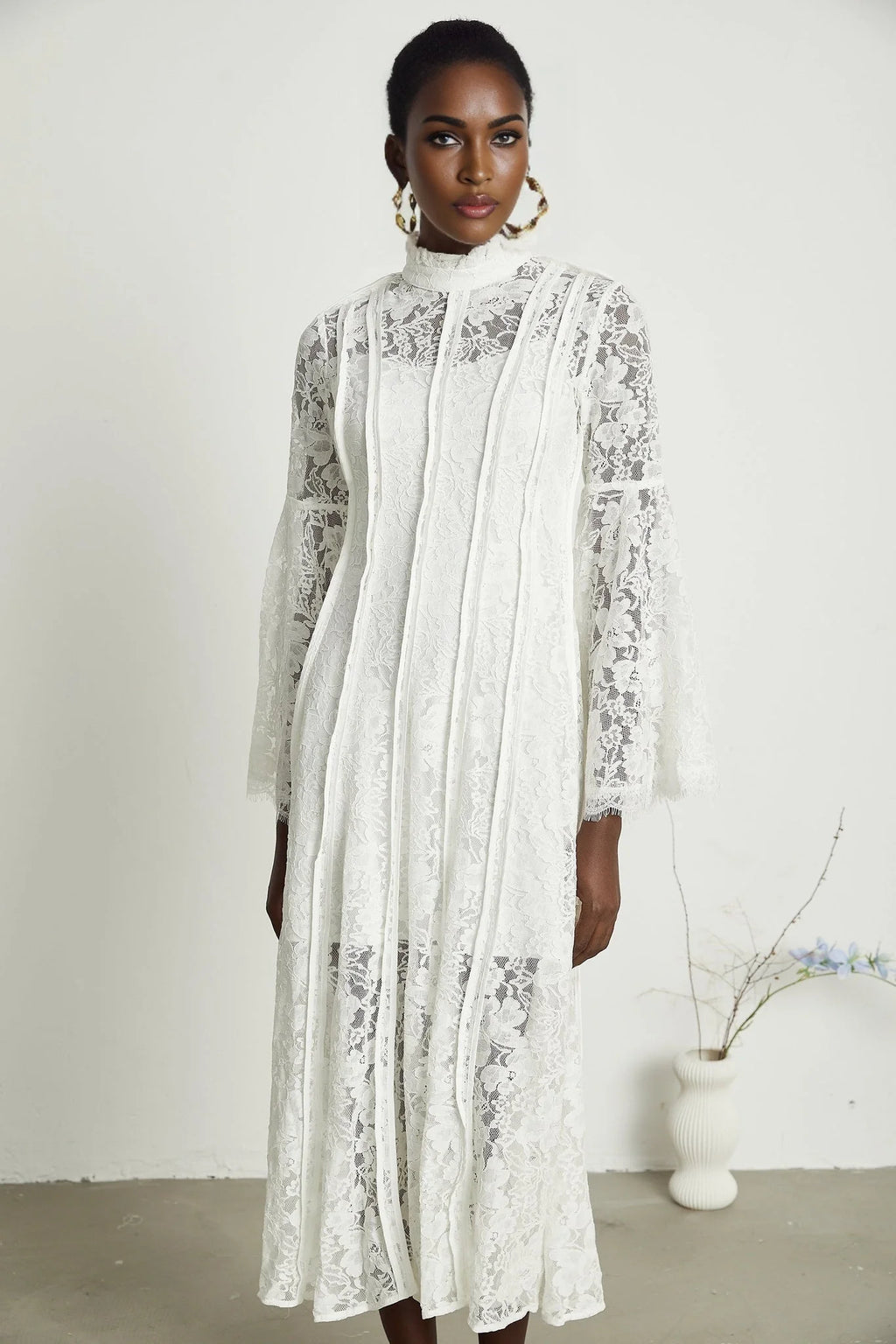 Franca Midi Dress - Flared Sleeves - Lace Trim - Cut - Out Design - A - Line Silhouette