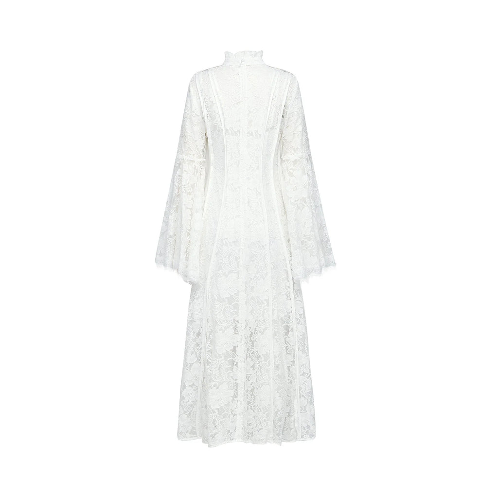 Franca Midi Dress - Flared Sleeves - Lace Trim - Cut - Out Design - A - Line Silhouette