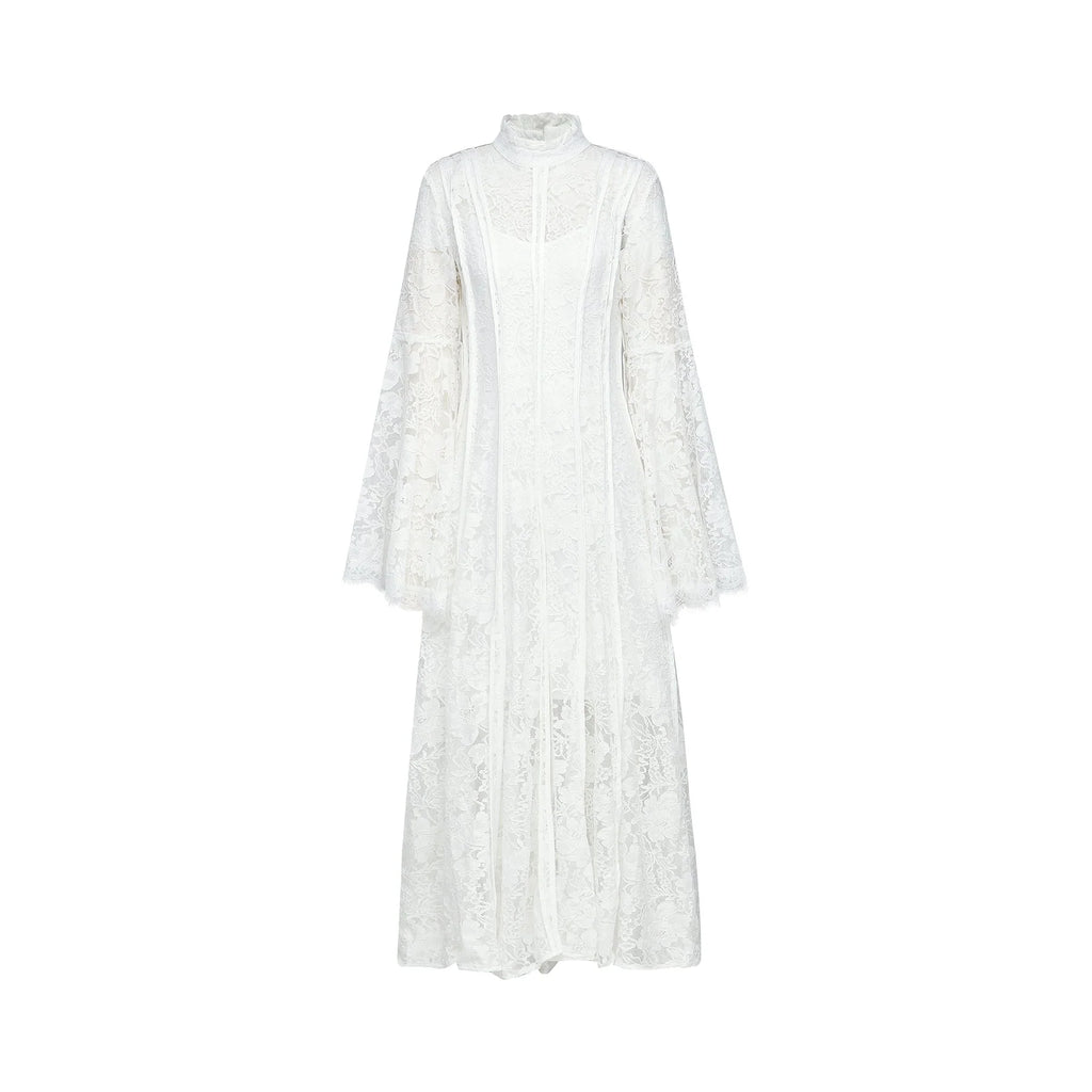 Franca Midi Dress - Flared Sleeves - Lace Trim - Cut - Out Design - A - Line Silhouette