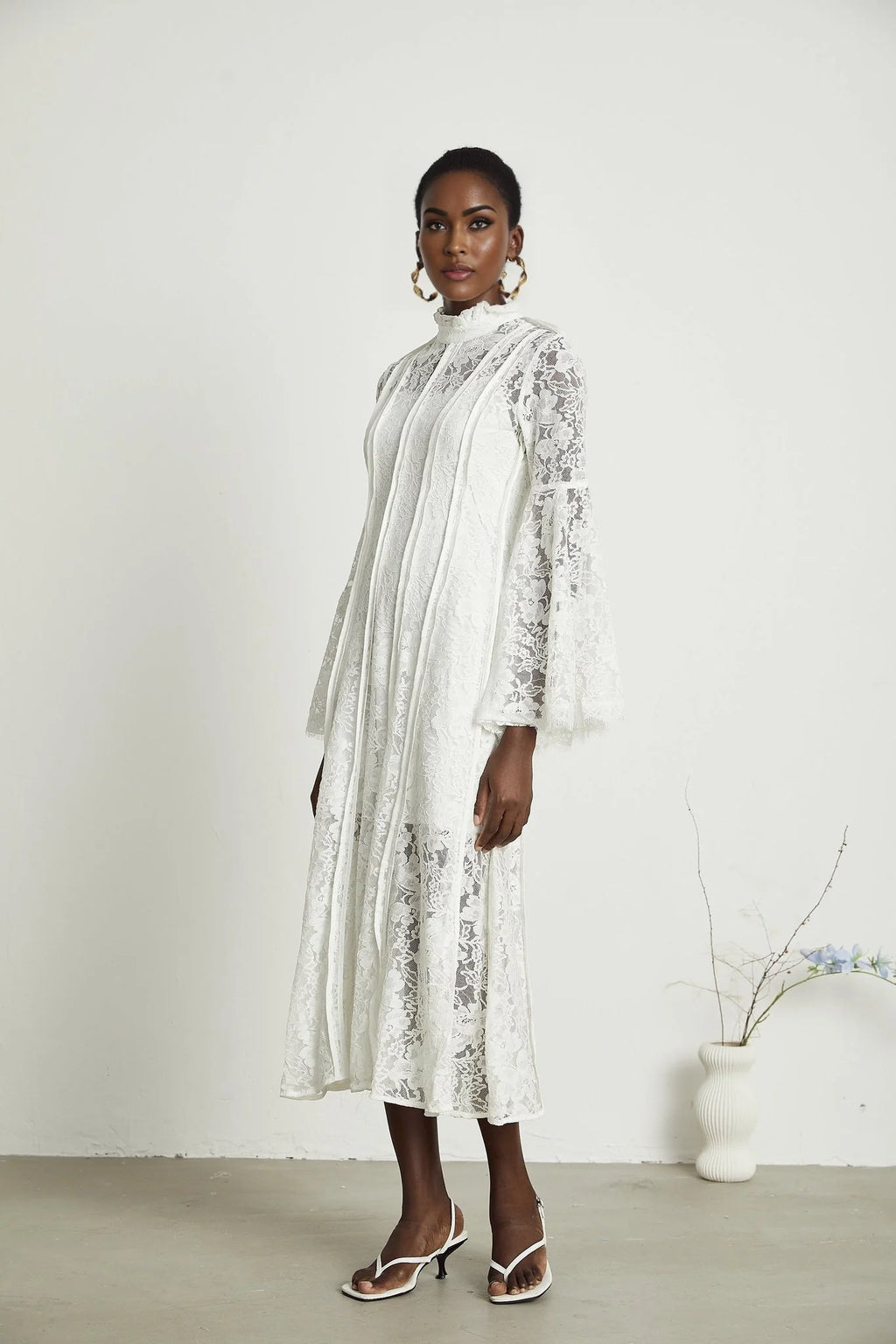 Franca Midi Dress - Flared Sleeves - Lace Trim - Cut - Out Design - A - Line Silhouette