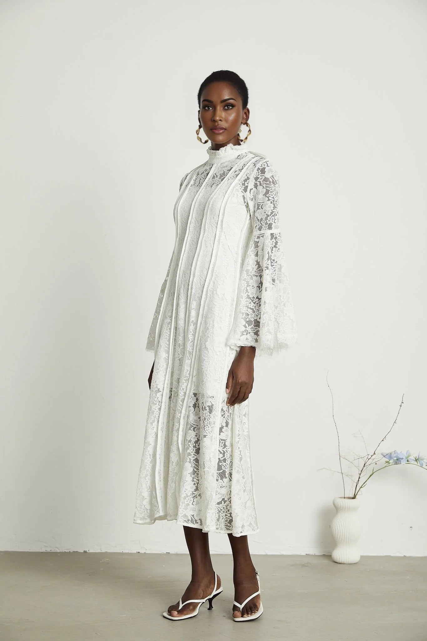 Franca Midi Dress - Flared Sleeves - Lace Trim - Cut - Out Design - A - Line Silhouette