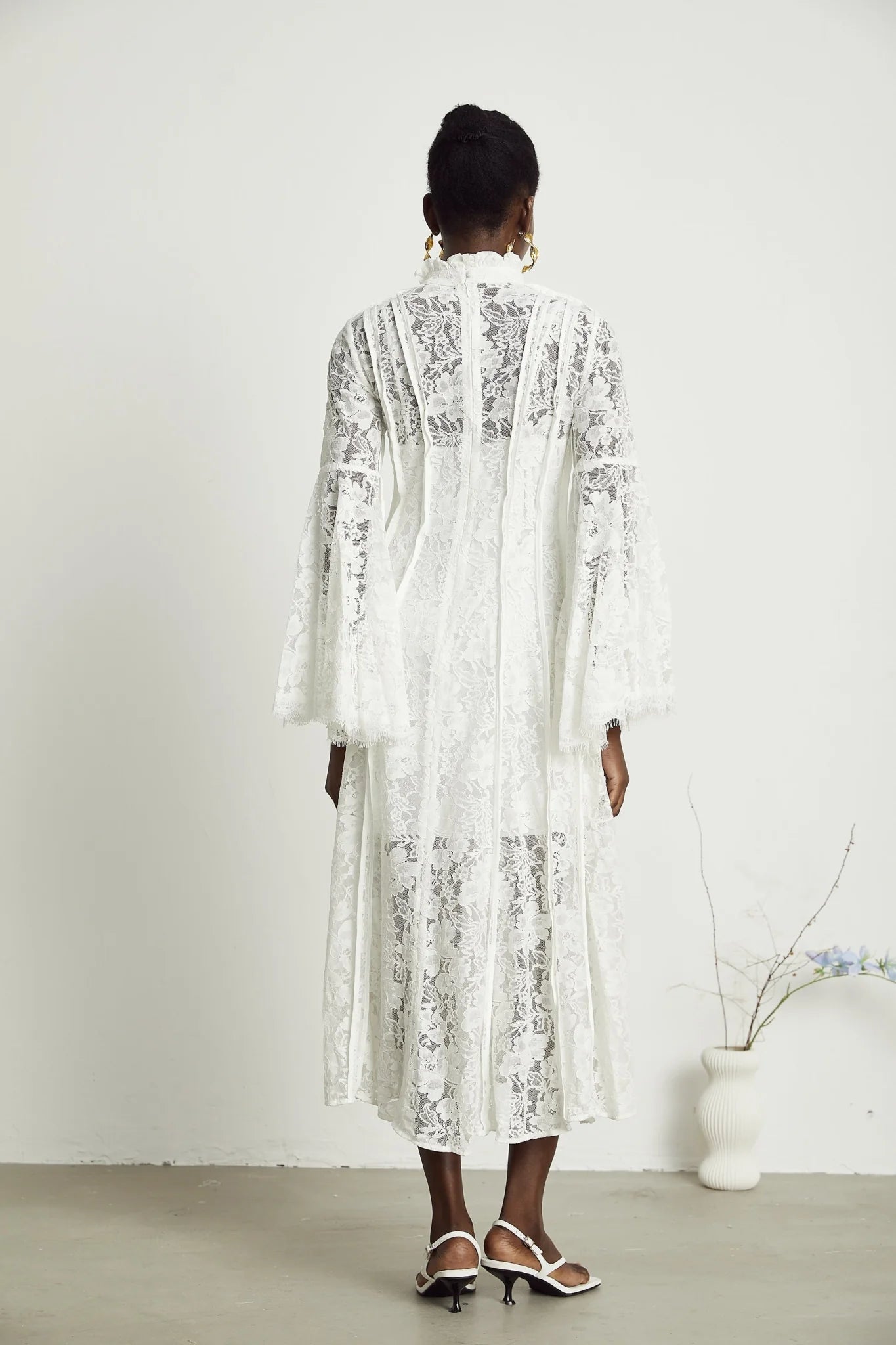 Franca Midi Dress - Flared Sleeves - Lace Trim - Cut - Out Design - A - Line Silhouette