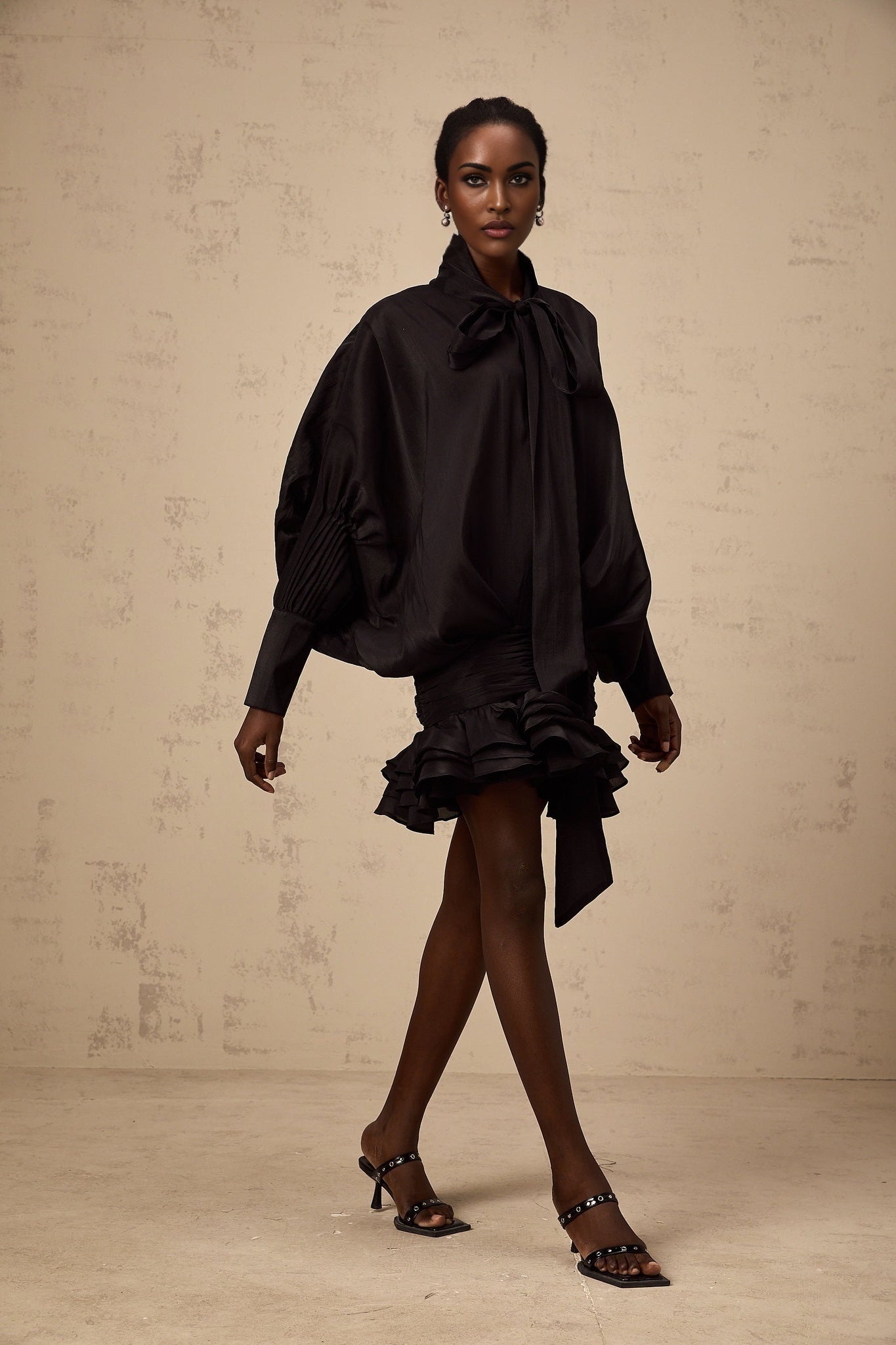 Franca Mini Dress - Pussy - Bow Collar - Puff Sleeves - Pleated Design - Ruffled Hem