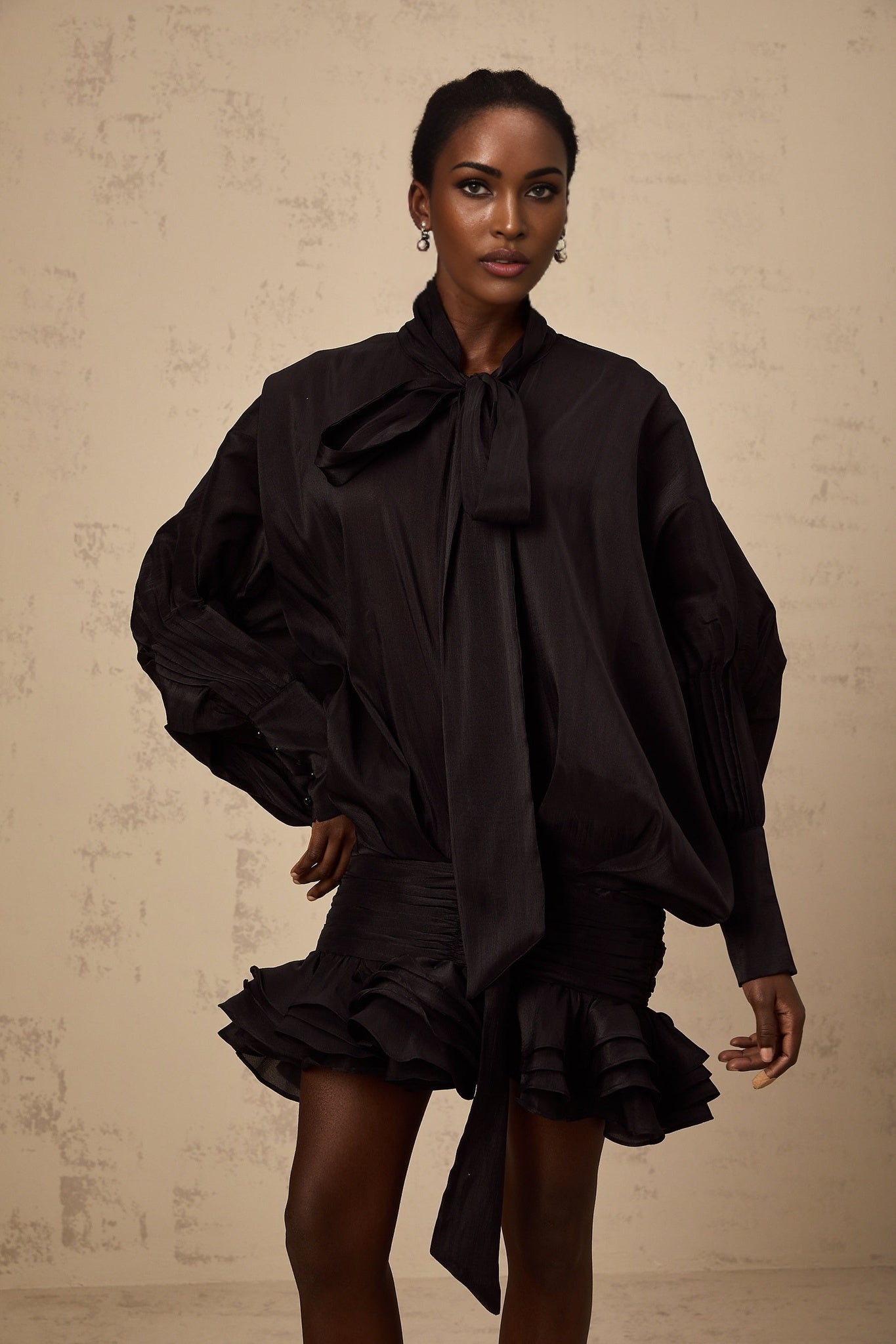 Franca Mini Dress - Pussy - Bow Collar - Puff Sleeves - Pleated Design - Ruffled Hem