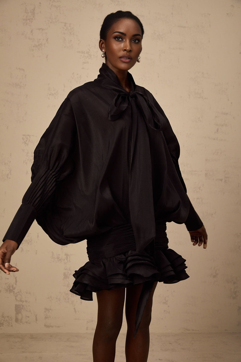 Franca Mini Dress - Pussy - Bow Collar - Puff Sleeves - Pleated Design - Ruffled Hem