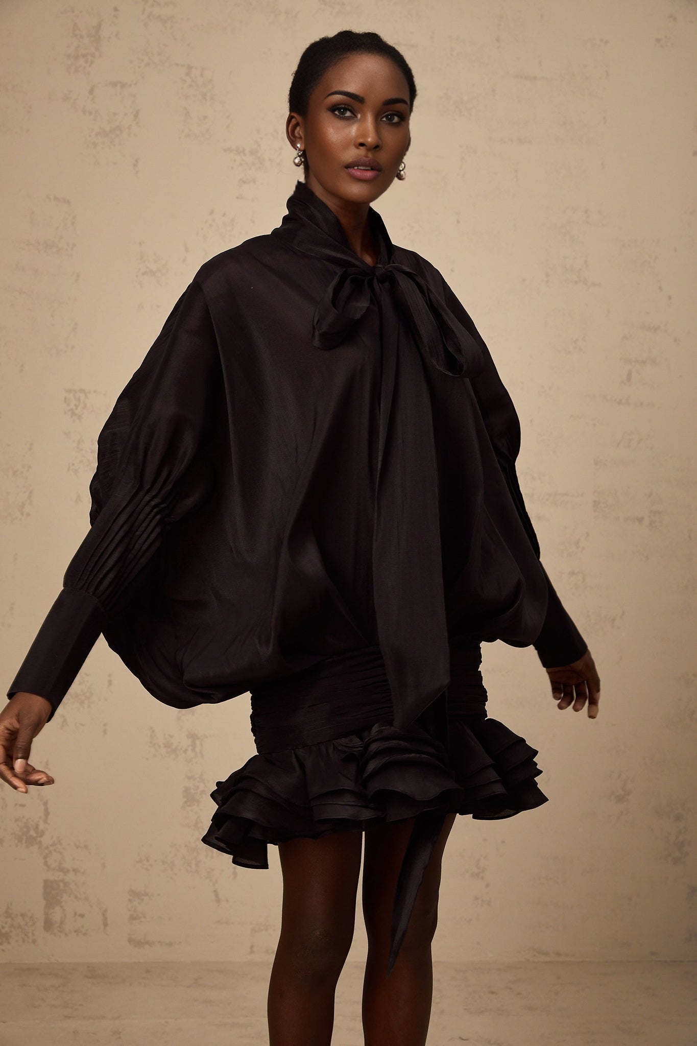 Franca Mini Dress - Pussy - Bow Collar - Puff Sleeves - Pleated Design - Ruffled Hem