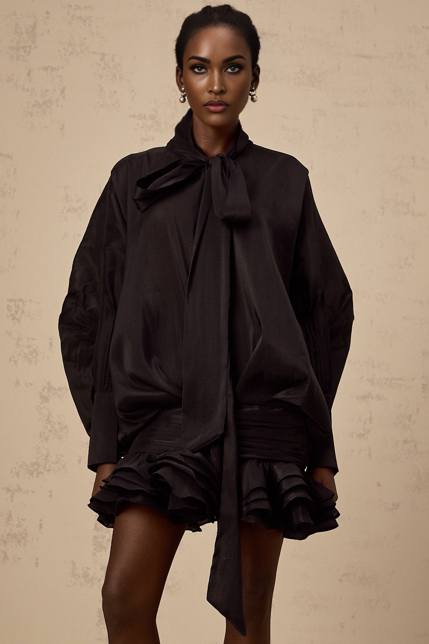 Franca Mini Dress - Pussy - Bow Collar - Puff Sleeves - Pleated Design - Ruffled Hem