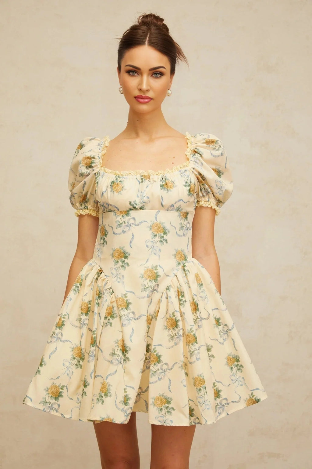 Franca Mini Dress Yellow Floral Shirred & Lace Trim Thigh - Length