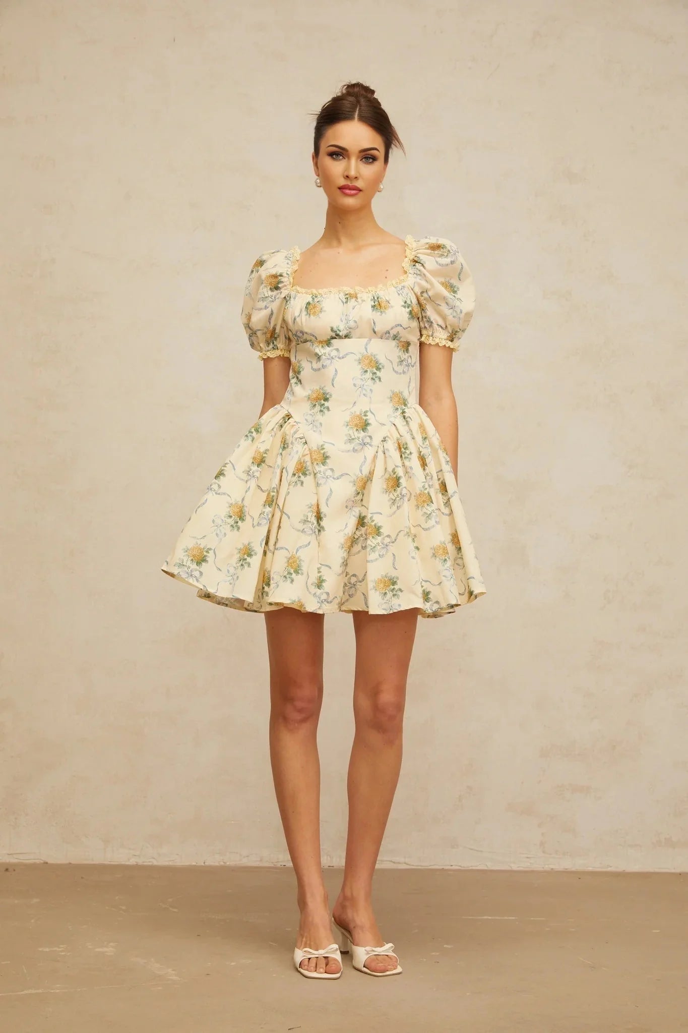 Franca Mini Dress Yellow Floral Shirred & Lace Trim Thigh - Length