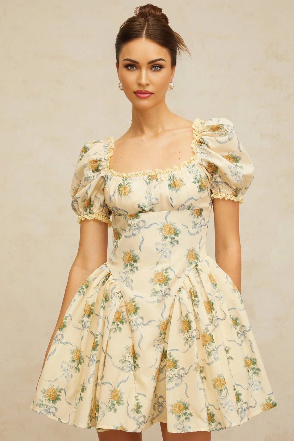 Franca Mini Dress Yellow Floral Shirred & Lace Trim Thigh - Length