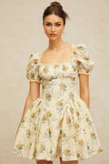 Franca Mini Dress Yellow Floral Shirred & Lace Trim Thigh - Length