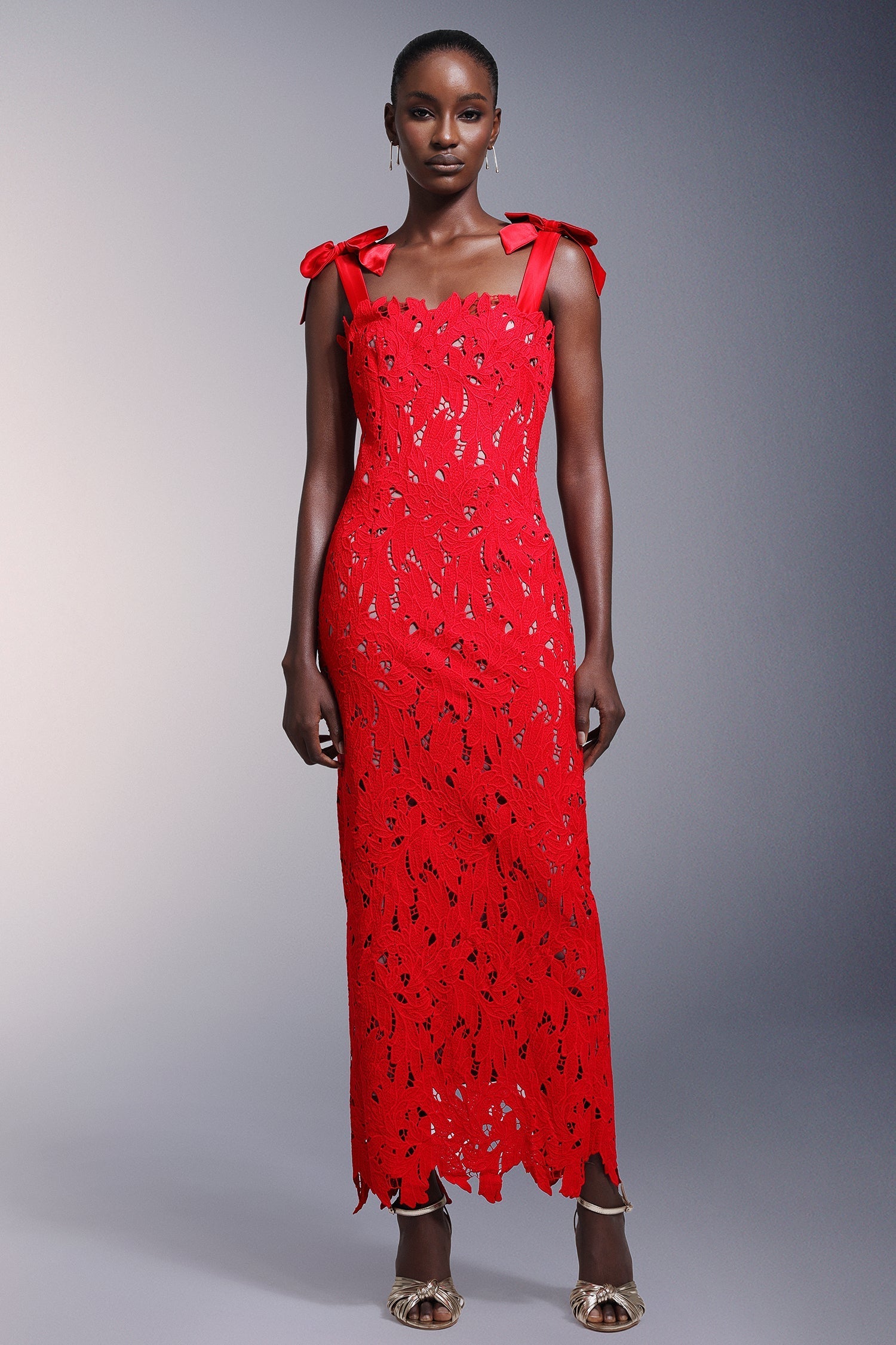 Franca Red Lace Detail Maxi Dress for Special Occasions