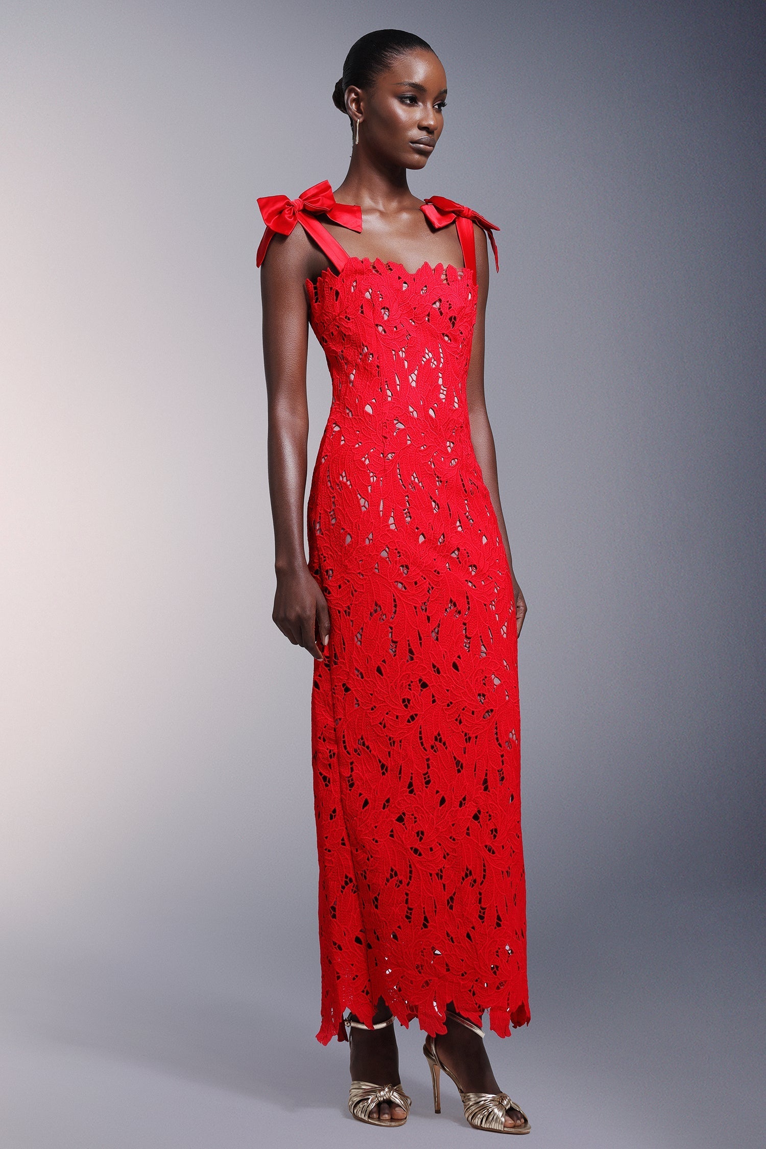 Franca Red Lace Detail Sleeveless Maxi Dress with Bow Shoulder Detail for Special Occasions