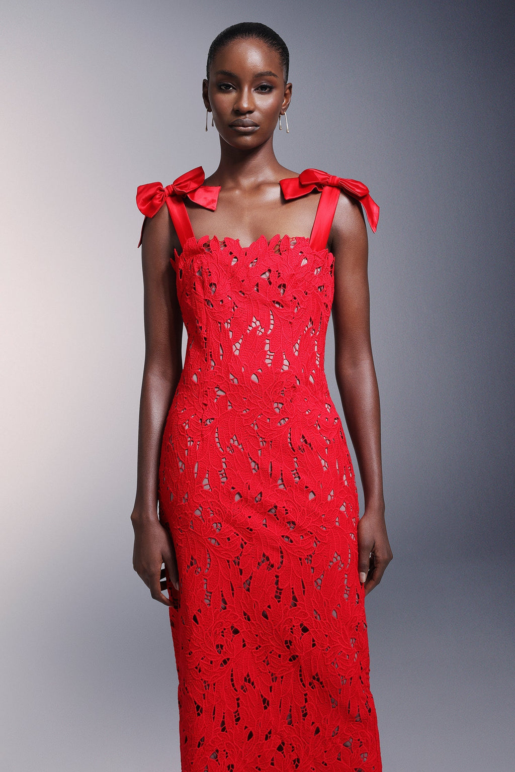 Franca Red Lace Maxi Dress with Bow Detailing for Special Occasions