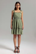 Frances Green Halter Smocked Waist Mini Dress Ruffled Detailing Flared Hem