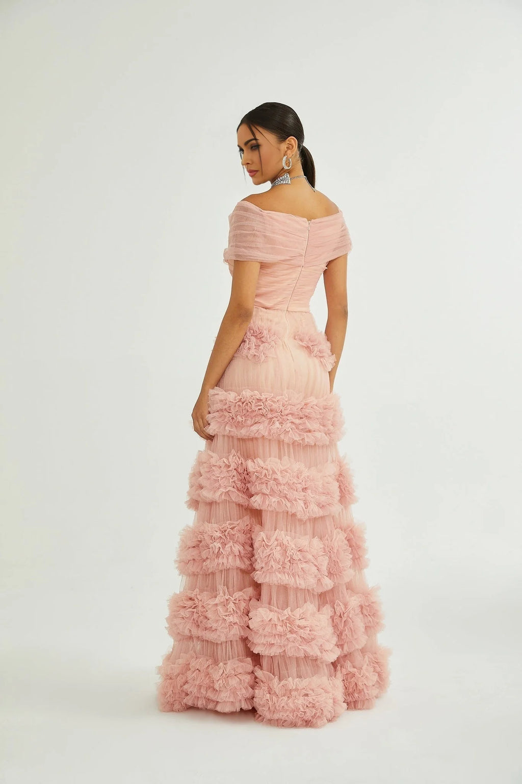 Frances Maxi Dress - Off - the - Shoulder Design - Multiple Tiers - Tulle Panels - Rear Zip Fastening