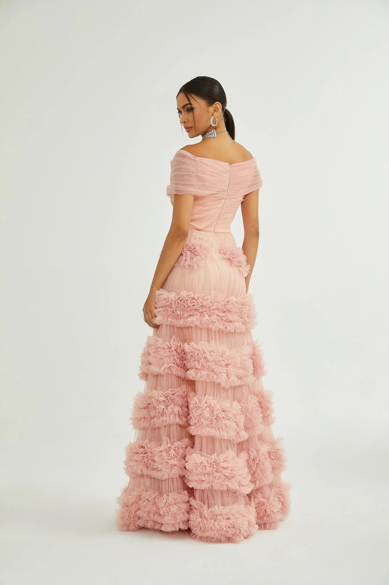Frances Maxi Dress - Off - the - Shoulder Design - Multiple Tiers - Tulle Panels - Rear Zip Fastening