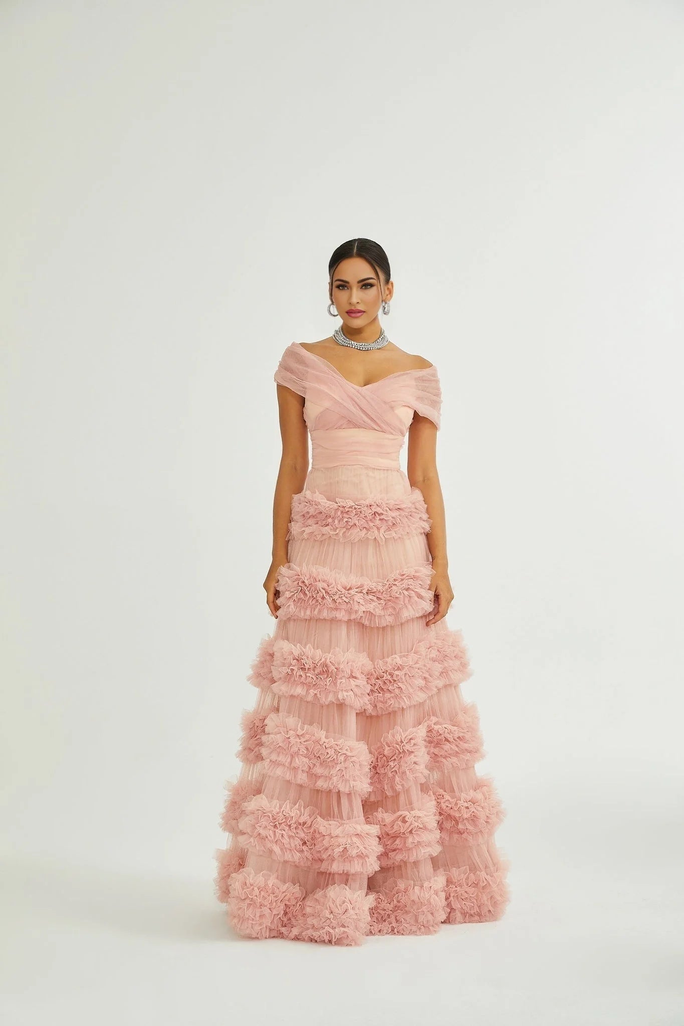 Frances Maxi Dress - Off - the - Shoulder Design - Multiple Tiers - Tulle Panels - Rear Zip Fastening