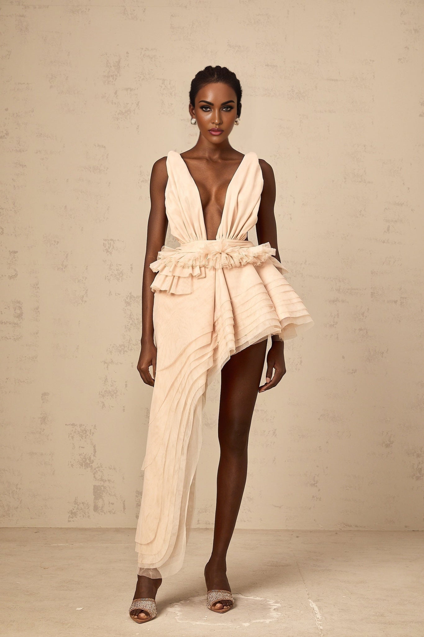 Frances Mini Dress – Plunging V - neck – Open back – Ruffled detailing