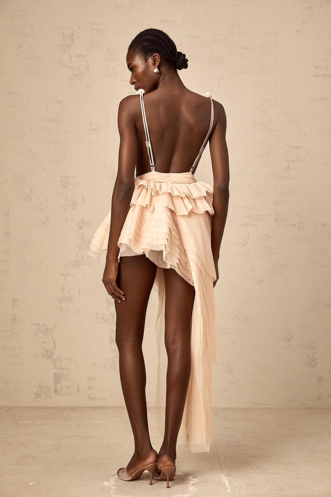 Frances Mini Dress – Plunging V - neck – Open back – Ruffled detailing