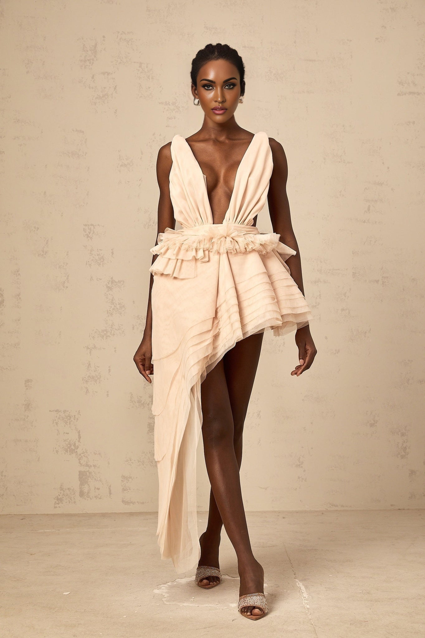 Frances Mini Dress – Plunging V - neck – Open back – Ruffled detailing