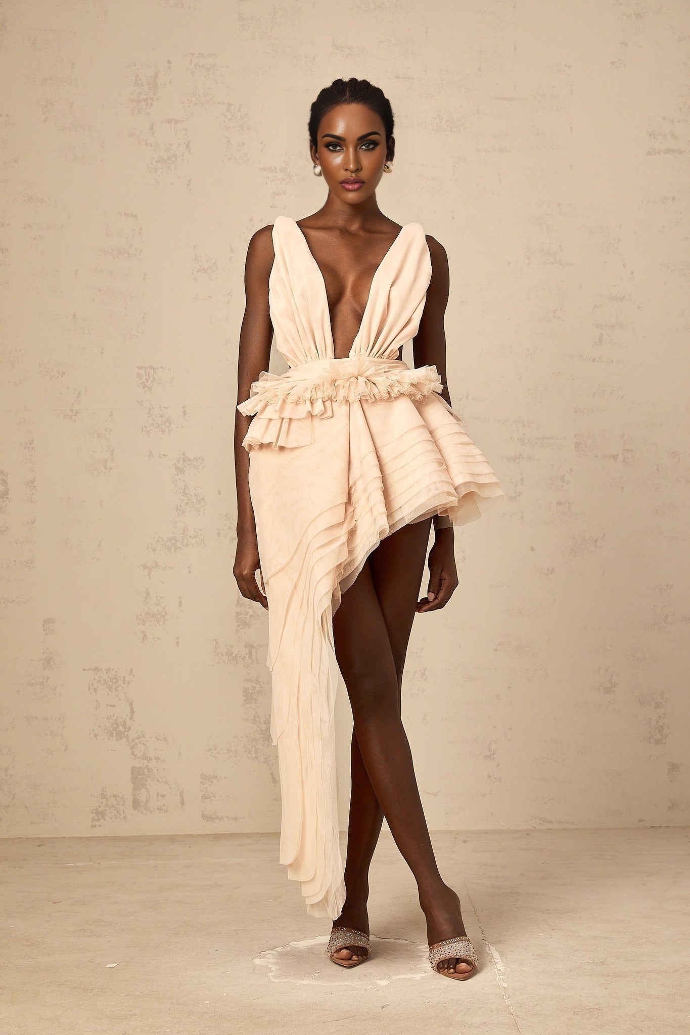 Frances Mini Dress – Plunging V - neck – Open back – Ruffled detailing