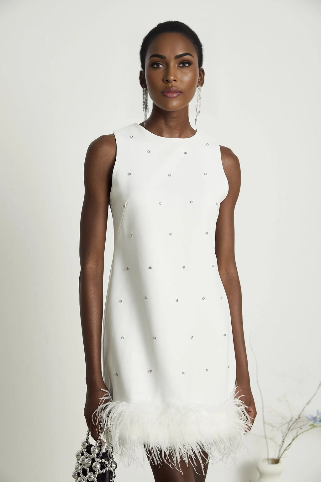 Frances Mini Dress - Sleeveless - Crystal and Feather Embellishments - Thigh Length