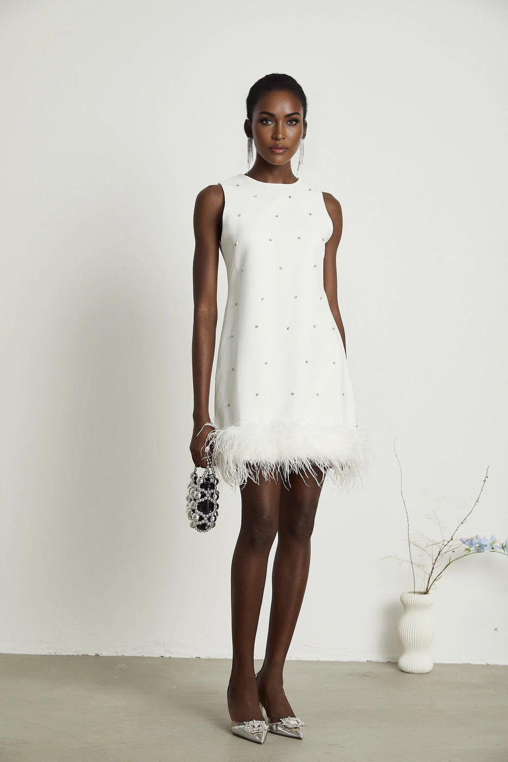 Frances Mini Dress - Sleeveless - Crystal and Feather Embellishments - Thigh Length
