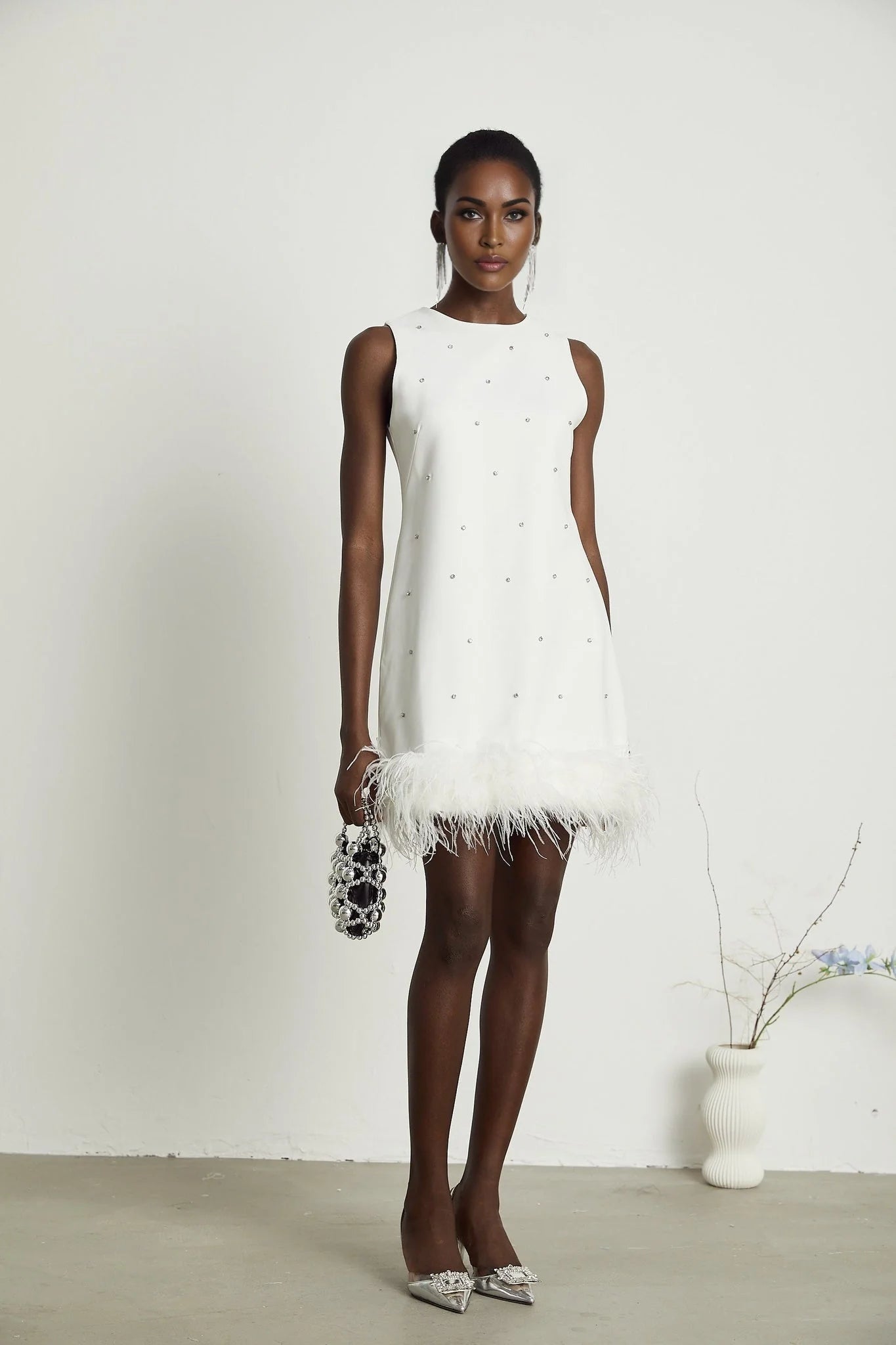 Frances Mini Dress - Sleeveless - Crystal and Feather Embellishments - Thigh Length