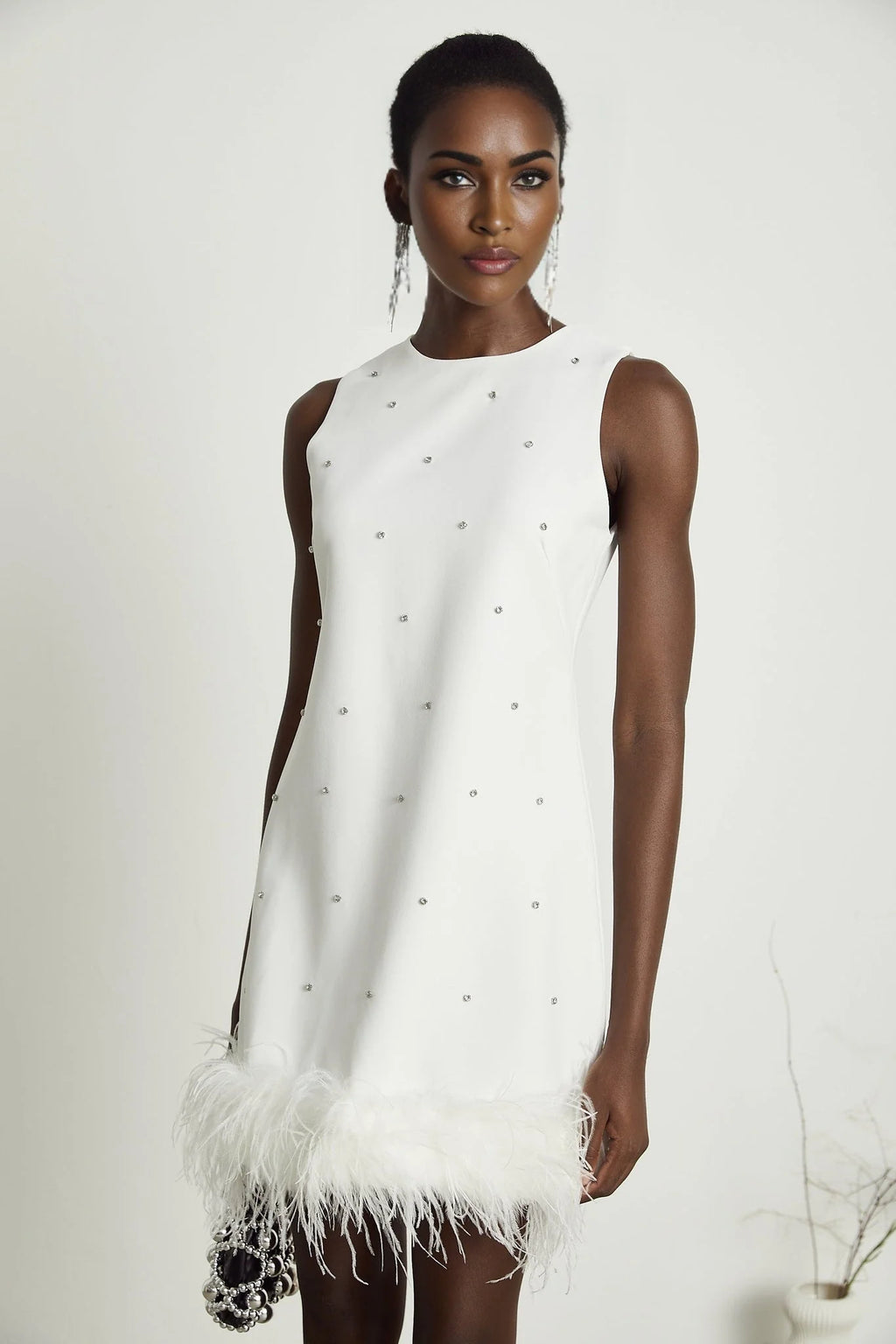 Frances Mini Dress - Sleeveless - Crystal and Feather Embellishments - Thigh Length
