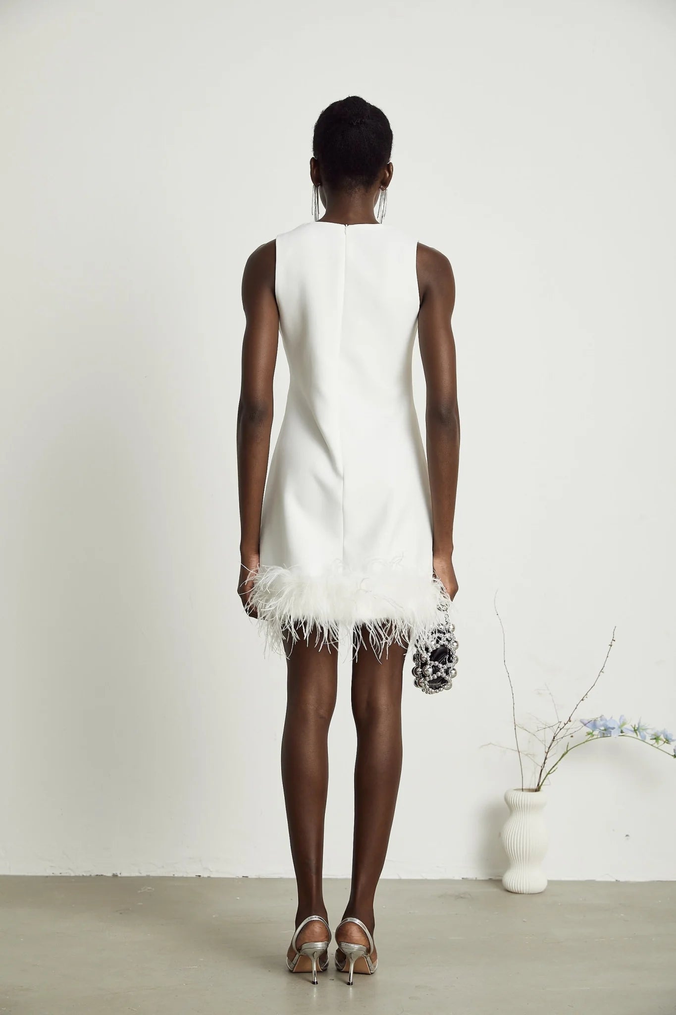 Frances Mini Dress - Sleeveless - Crystal and Feather Embellishments - Thigh Length