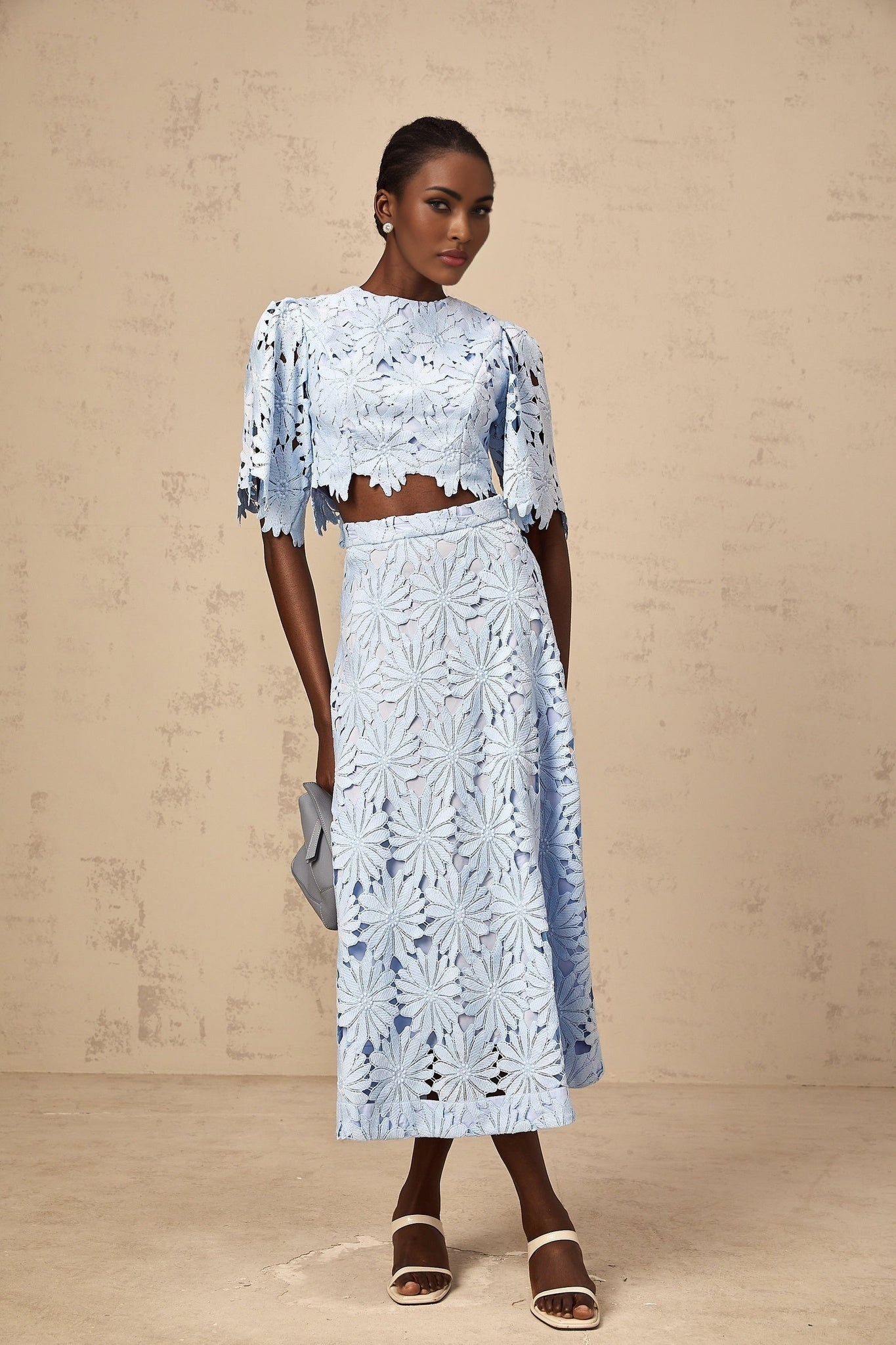 Frances Skirt & Top Set - Stylish Floral Embroidery - Cut - Out Detailing - Scallop Trim - Cropped Design