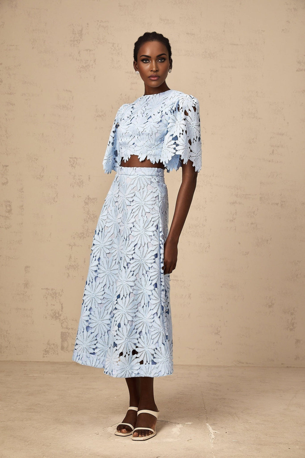Frances Skirt & Top Set - Stylish Floral Embroidery - Cut - Out Detailing - Scallop Trim - Cropped Design