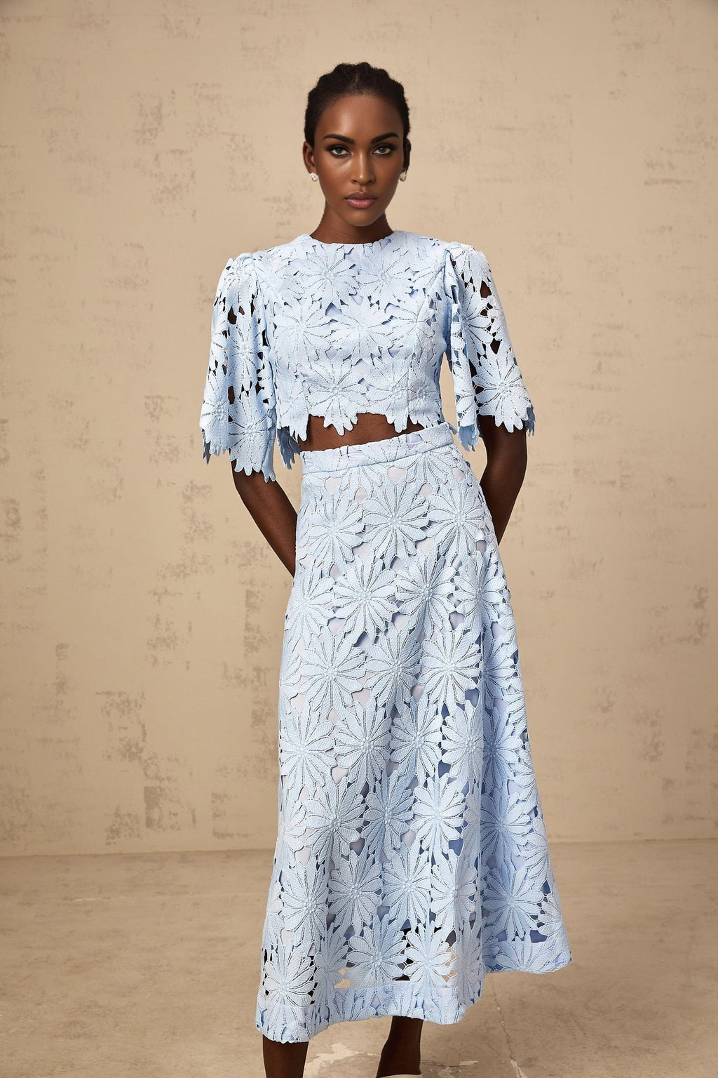 Frances Skirt & Top Set - Stylish Floral Embroidery - Cut - Out Detailing - Scallop Trim - Cropped Design